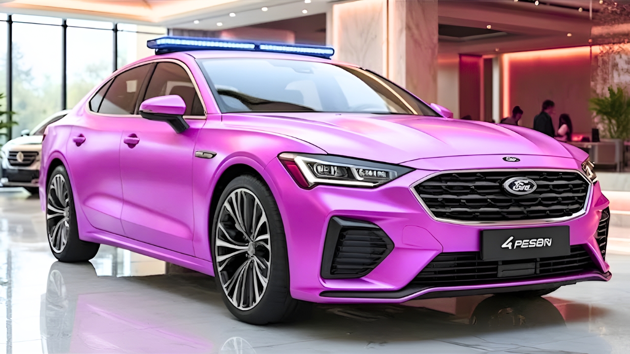 Ford Crown Victoria Policía 2026 Concept: Patrulla Moderna en Color Rosa con Diseño Futurista, Luces LED y Estilo Único para Seguridad Urbana